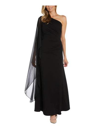 NIGHTWAY Womens Black Zippered Ruched Sheer Cape Sleeve Lined Asymmetrical Neckline Full-Length Formal Gown Dress 8