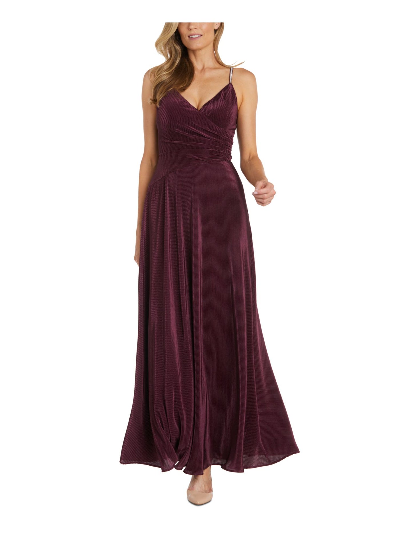 NIGHTWAY Womens Purple Embellished Pleated Padded Zippered Lined Spaghetti Strap V Neck Maxi Evening Gown Dress 6