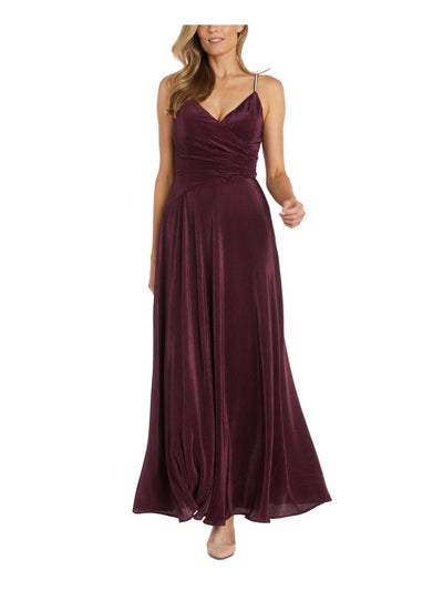 NIGHTWAY Womens Burgundy Embellished Pleated Padded Zippered Lined Spaghetti Strap V Neck Maxi Evening Gown Dress 8