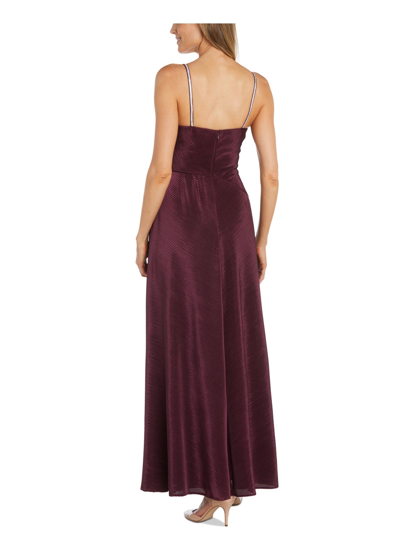 NIGHTWAY Womens Purple Embellished Pleated Padded Zippered Lined Spaghetti Strap V Neck Maxi Evening Gown Dress 6