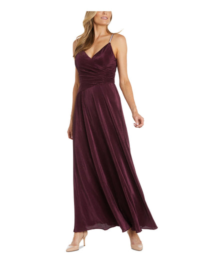 NIGHTWAY Womens Burgundy Embellished Pleated Padded Zippered Lined Spaghetti Strap V Neck Maxi Evening Gown Dress 12