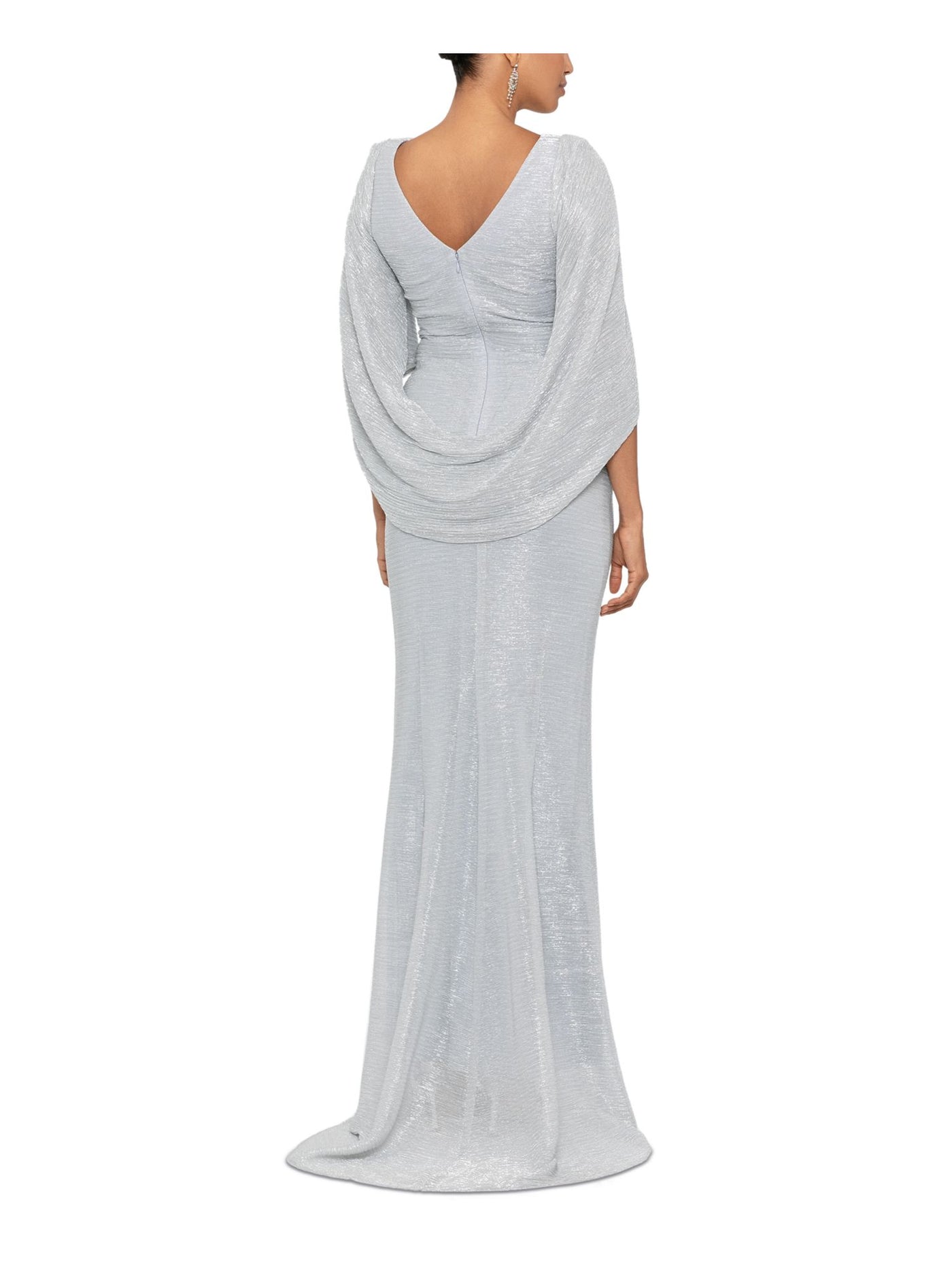 BETSY & ADAM Womens Silver Knit Metallic Zippered Cape Sleeves Crinkle Rouched Boat Neck Full-Length Evening Gown Dress 8