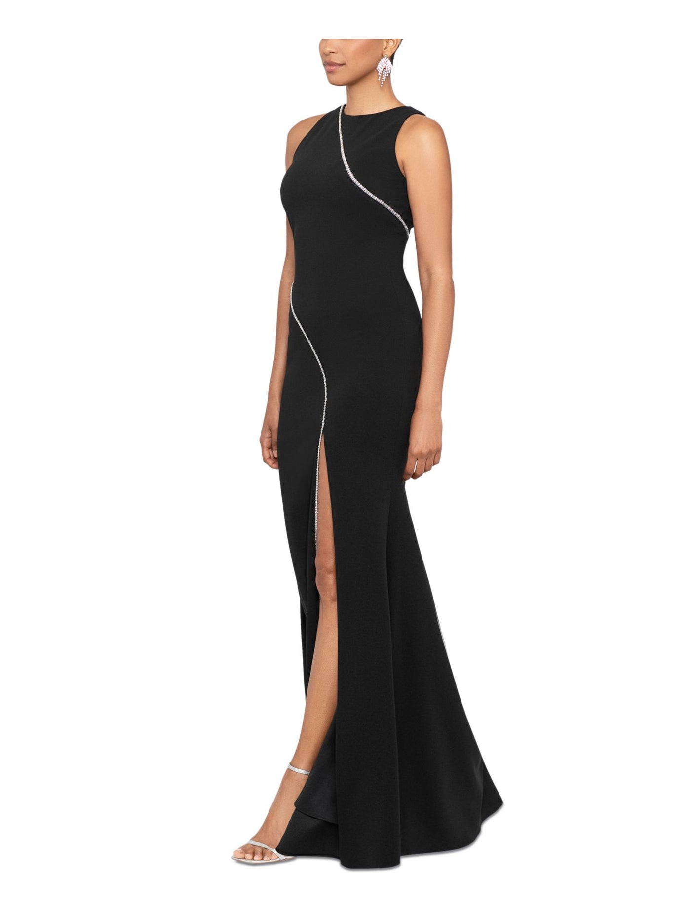 BETSY & ADAM Womens Black Zippered Lined High-slit Sleeveless Round Neck Full-Length Formal Gown Dress 16