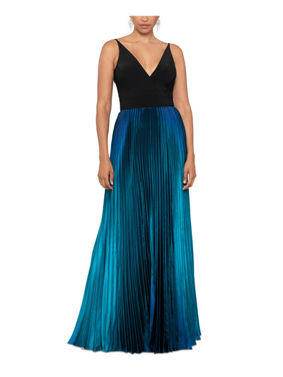 BETSY & ADAM Womens Black Zippered Pleated V-back Ombre Skirt Padded Cups Sleeveless V Neck Full-Length Evening Gown Dress 8