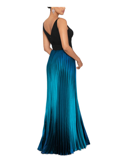 BETSY & ADAM Womens Black Zippered Pleated V-back Ombre Skirt Padded Cups Sleeveless V Neck Full-Length Evening Gown Dress 8