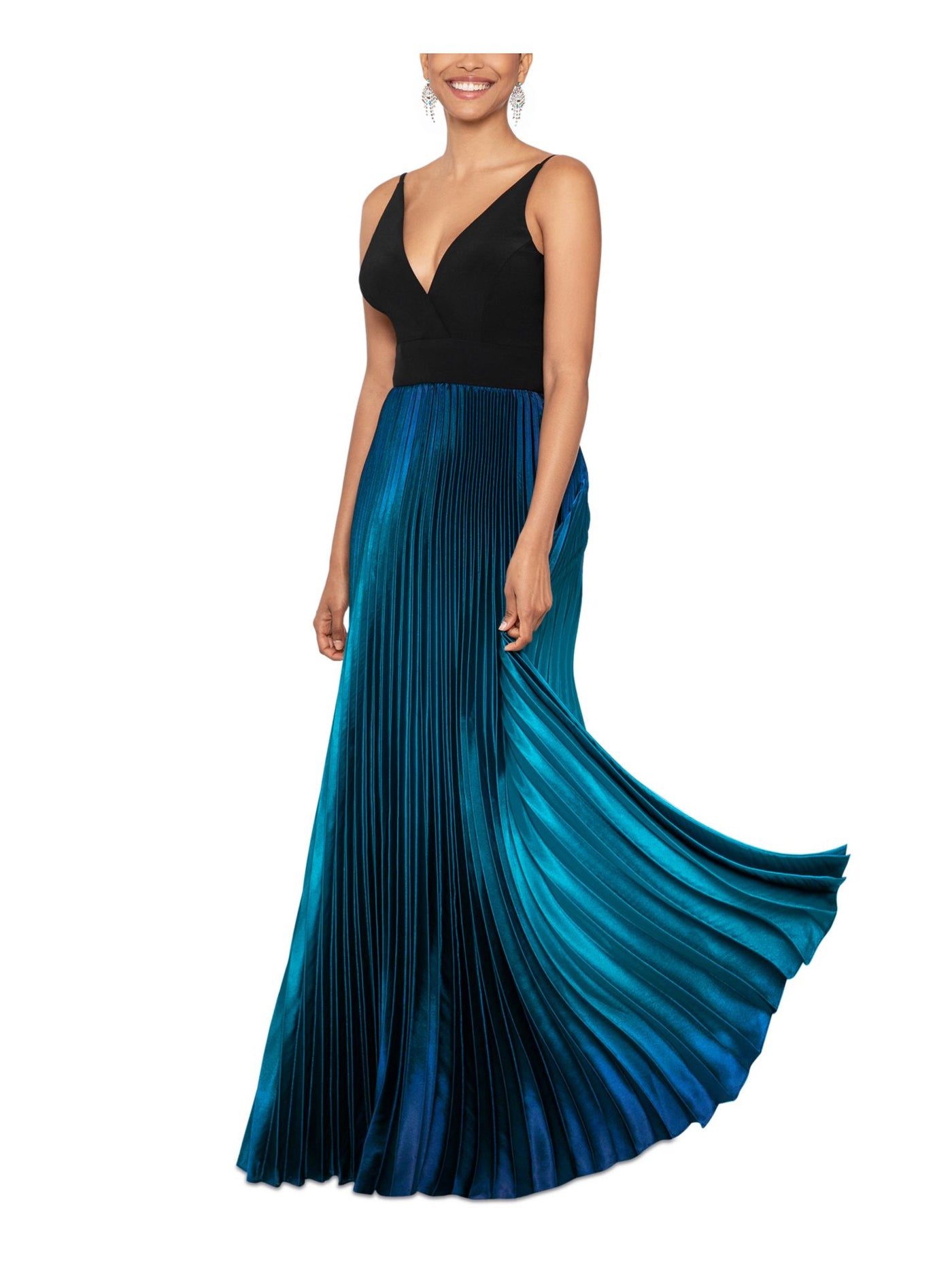 BETSY & ADAM Womens Black Zippered Pleated V-back Ombre Skirt Padded Cups Sleeveless V Neck Full-Length Evening Gown Dress 8