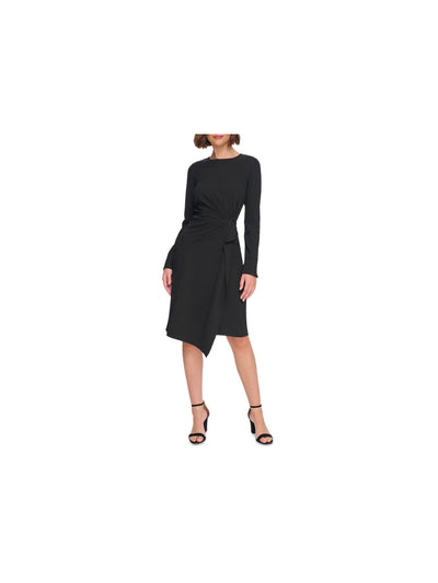 TOMMY HILFIGER Womens Black Zippered Ruched Draped Knot Waist Asymmetric Hem Long Sleeve Jewel Neck Above The Knee Party Sheath Dress 10