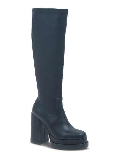 WILD PAIR Womens Black 1-1/2" Platform Padded Stretch Olyvia Square Toe Block Heel Zip-Up Heeled Boots 9.5 M