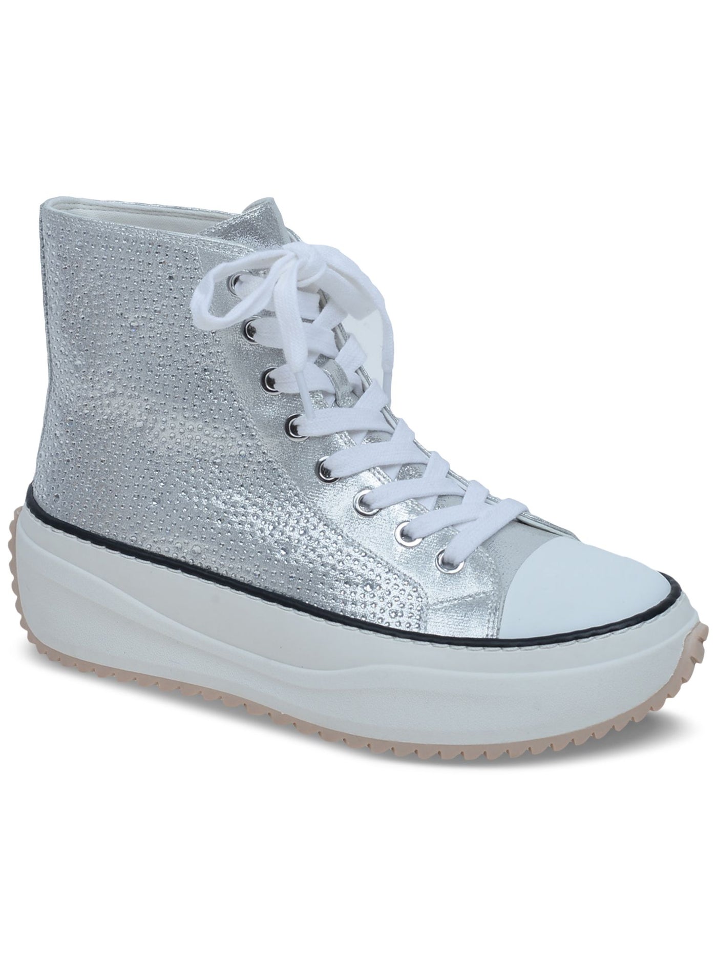 WILD PAIR Womens Silver Treaded Rhinestone Padded Hopefullf Cap Toe Platform Lace-Up Sneakers Shoes 6.5 M