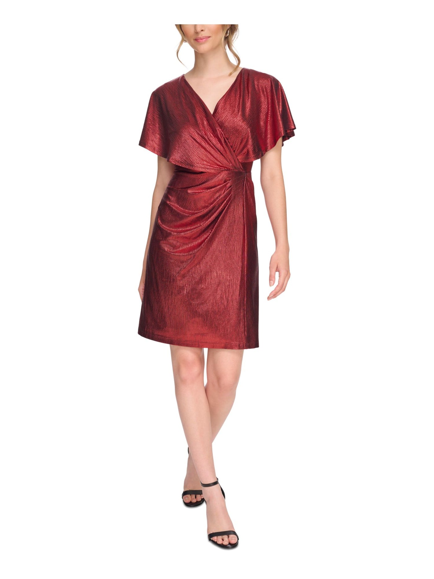 Kensie DRESSES Womens Red Lined Pleated V-back With Tie Flutter Sleeve Surplice Neckline Above The Knee Cocktail Sheath Dress 0 Kensie DRESSES Womens Red Lined Pleated V-back With Tie Flutter Sleeve Surplice Neckline Above The Knee Cocktail Sheath Dress 0