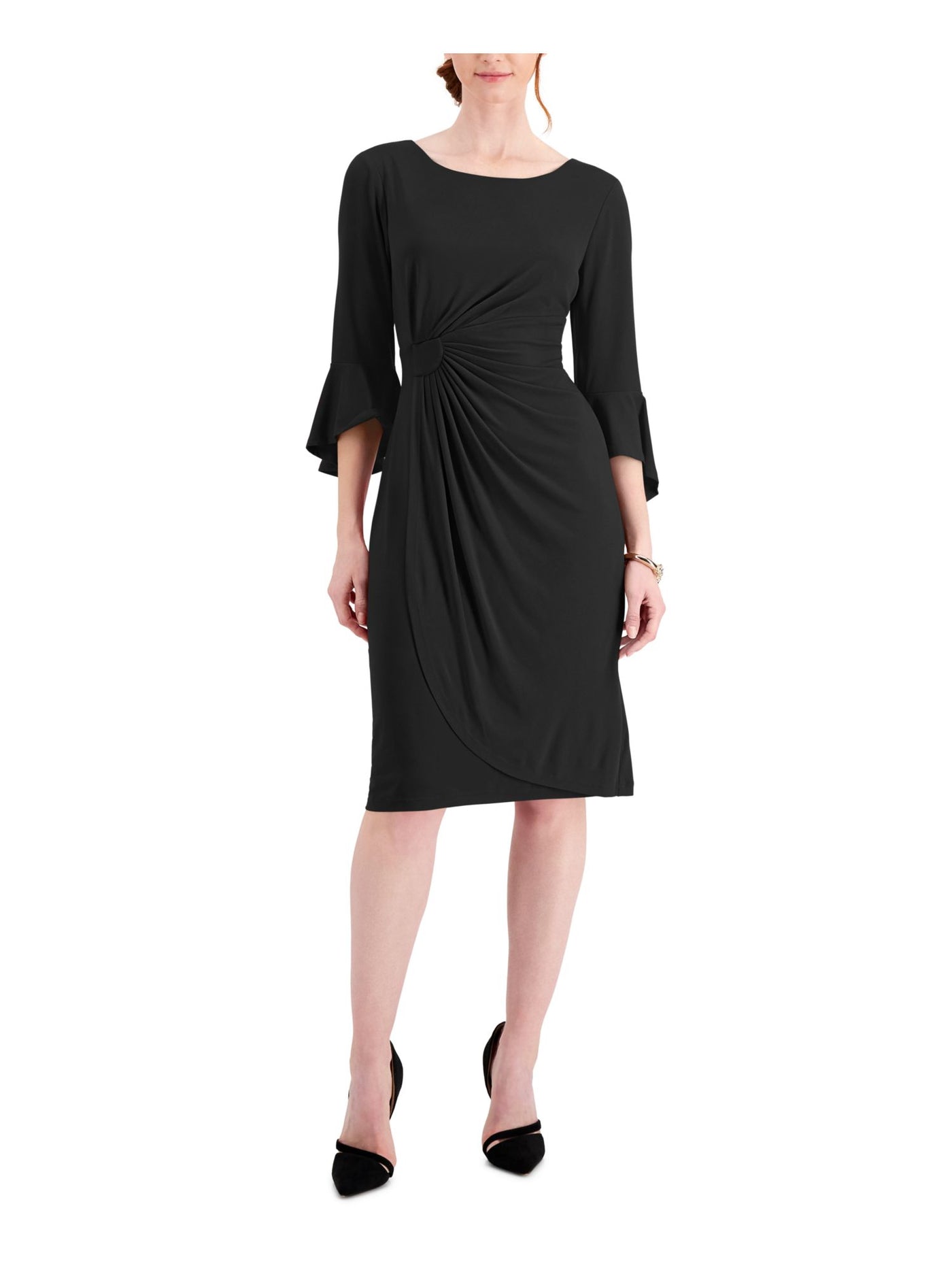 CONNECTED APPAREL Womens Black Ruched Gathered Draped Skirt Pullover 3/4 Sleeve Round Neck Above The Knee Wear To Work Sheath Dress Petites 8P