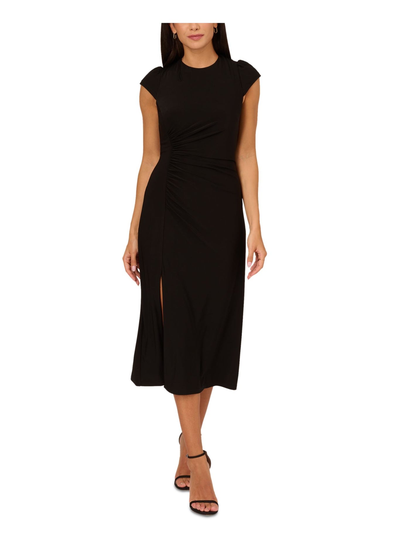 ADRIANNA ADRIANNA PAPELL Womens Black Jersey Slitted Lined Back Keyhole Ruched Cap Sleeve Round Neck Midi Sheath Dress 2