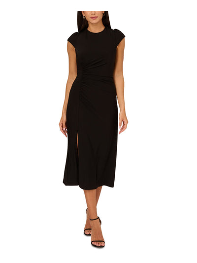 ADRIANNA ADRIANNA PAPELL Womens Black Jersey Slitted Lined Back Keyhole Ruched Cap Sleeve Round Neck Midi Sheath Dress 2