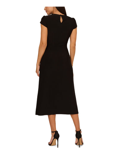 ADRIANNA ADRIANNA PAPELL Womens Black Jersey Slitted Lined Back Keyhole Ruched Cap Sleeve Round Neck Midi Sheath Dress 2