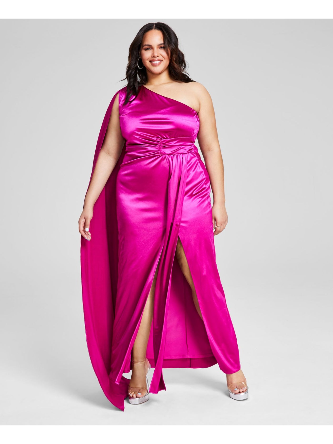 CITY STUDIO Womens Purple Zippered Slitted Ruched Waist Flyaway Cape Sleeveless Asymmetrical Neckline Full-Length Prom Gown Dress Juniors 22W