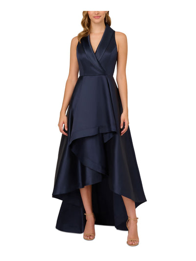 ADRIANNA PAPELL Womens Navy Zippered Lined Gathered Collared Sleeveless Surplice Neckline Full-Length Formal Gown Dress Petites 4P