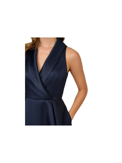 ADRIANNA PAPELL Womens Navy Zippered Lined Gathered Collared Sleeveless Surplice Neckline Full-Length Formal Gown Dress Petites 4P