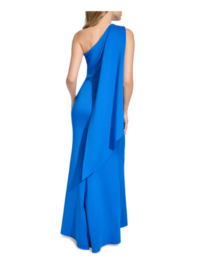 JESSICA HOWARD Womens Blue Slitted Embellished Scarf Accent Lined Side Zip Gath Sleeveless Asymmetrical Neckline Full-Length Evening Gown Dress 6