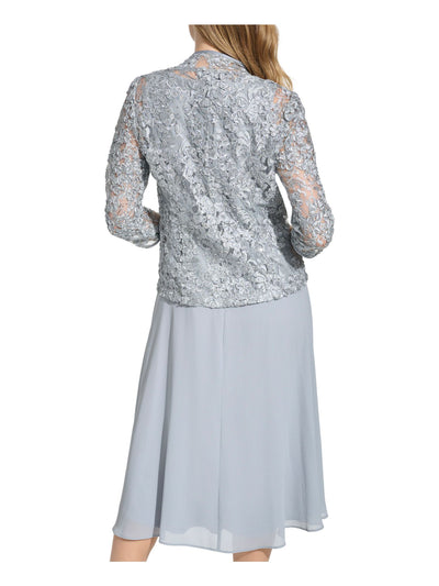 JESSICA HOWARD Womens Silver Zippered Lined Soutache 3/4 Sleeve Jacket Sleeveless Jewel Neck Midi Evening Shift Dress 10