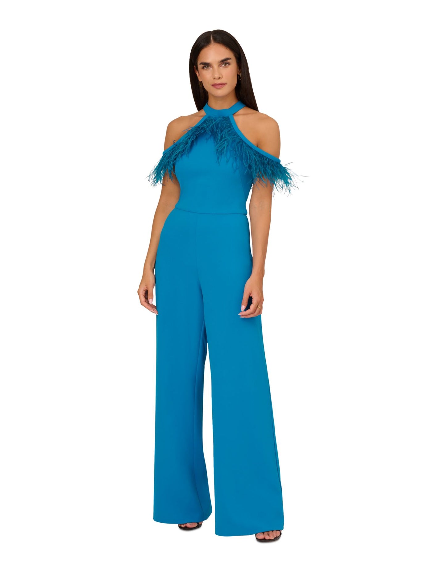 ADRIANNA ADRIANNA PAPELL Womens Blue Feathered Zippered Cold Shoulder Pocketed Lined Short Sleeve Halter Evening Wide Leg Jumpsuit 0