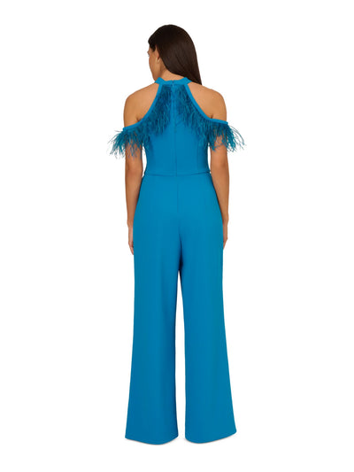 ADRIANNA ADRIANNA PAPELL Womens Blue Feathered Zippered Cold Shoulder Pocketed Lined Short Sleeve Halter Evening Wide Leg Jumpsuit 0