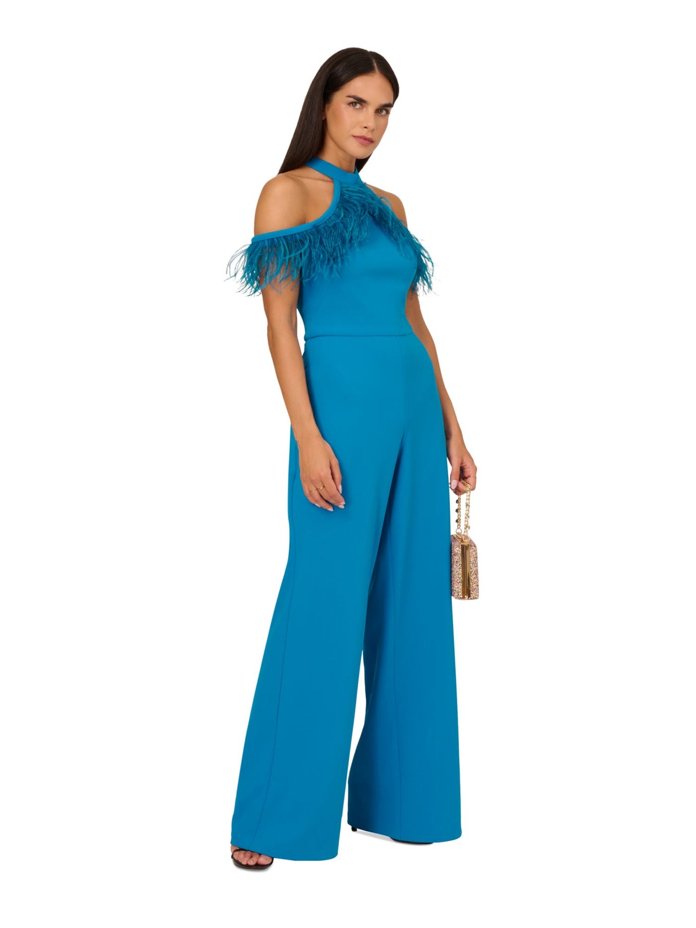 ADRIANNA ADRIANNA PAPELL Womens Blue Feathered Zippered Cold Shoulder Pocketed Lined Short Sleeve Halter Evening Wide Leg Jumpsuit 0