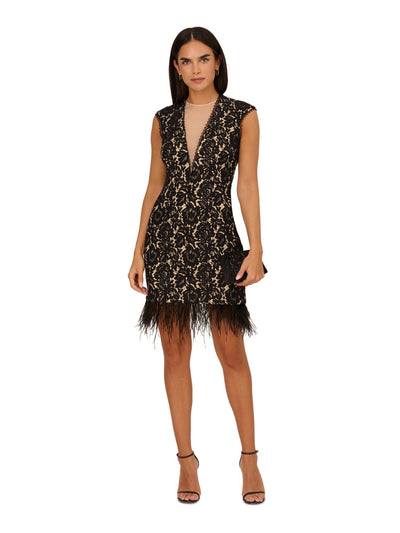 ADRIANNA ADRIANNA PAPELL Womens Black Feathered Lined Zippered Buttoned Back Cutout Cap Sleeve Illusion Neckline Short Cocktail Sheath Dress 8
