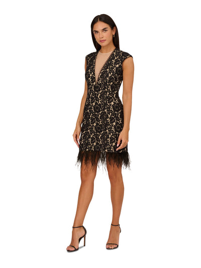 ADRIANNA ADRIANNA PAPELL Womens Black Feathered Lined Zippered Buttoned Back Cutout Cap Sleeve Illusion Neckline Short Cocktail Sheath Dress 8