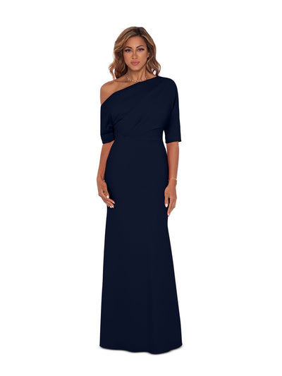 BETSY & ADAM Womens Navy Gathered Zippered Lined Elbow Sleeve Asymmetrical Neckline Full-Length Evening Gown Dress Petites 6P