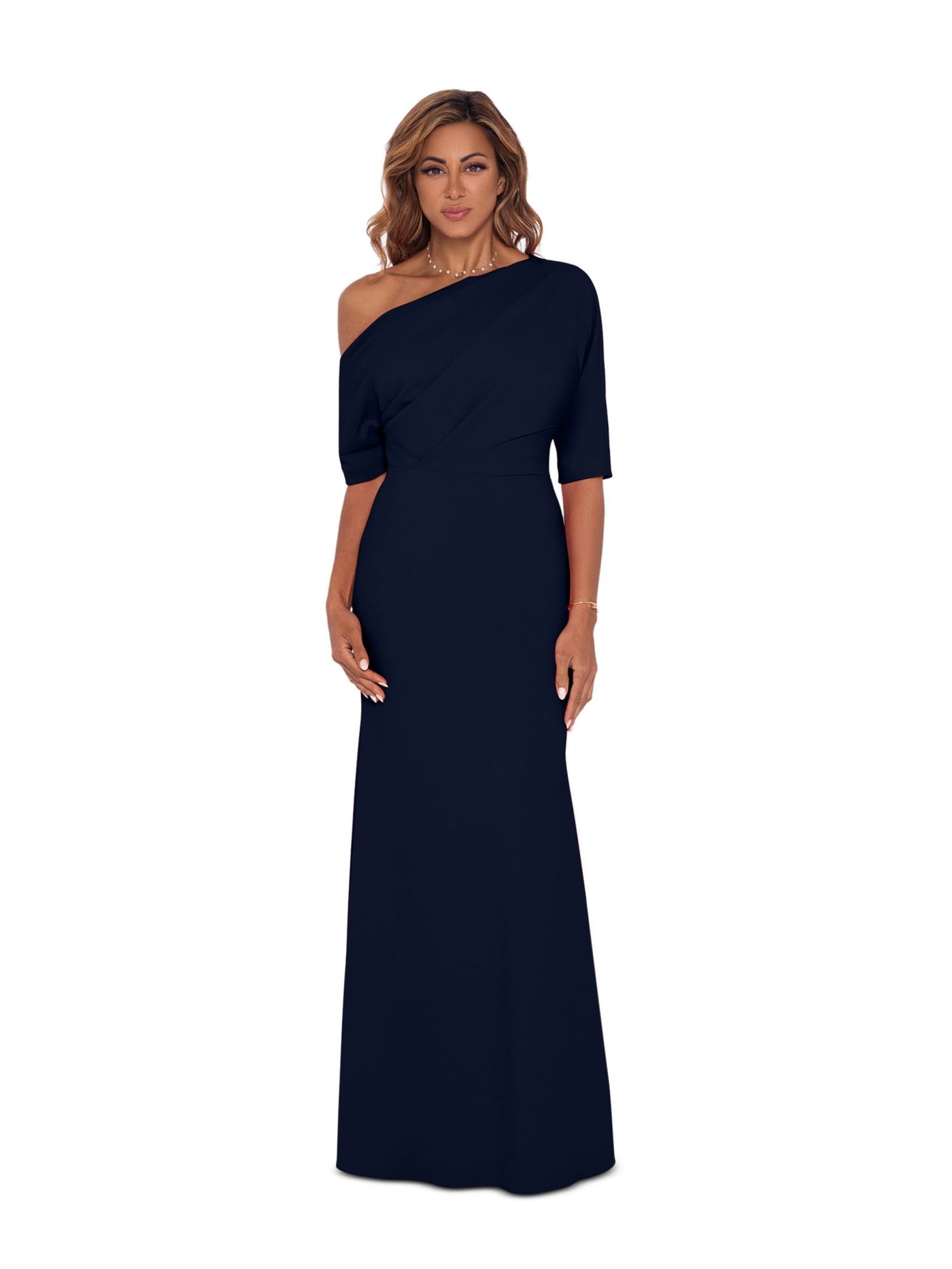 BETSY & ADAM Womens Navy Gathered Zippered Lined Elbow Sleeve Asymmetrical Neckline Full-Length Evening Gown Dress Petites 4P