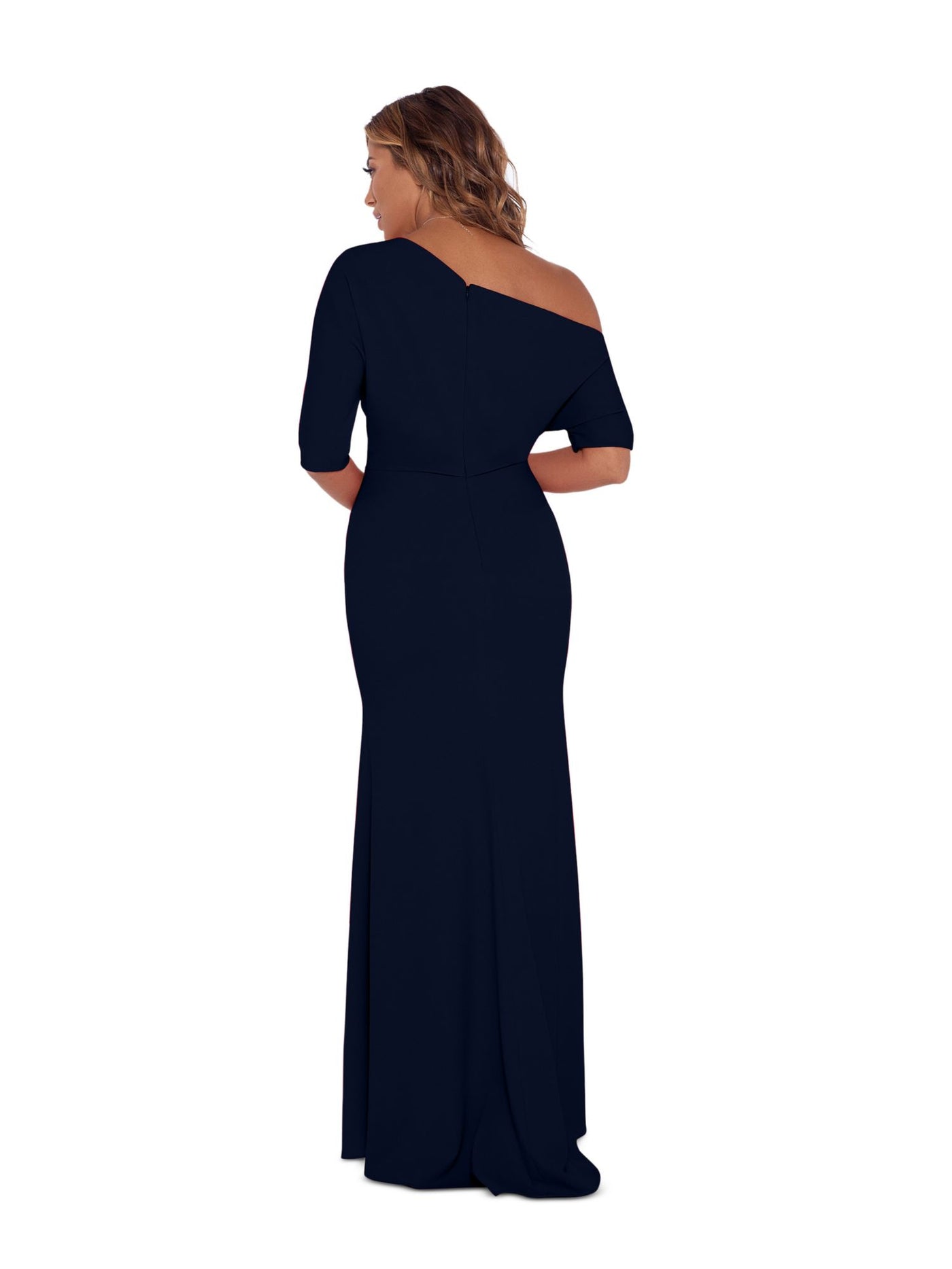 BETSY & ADAM Womens Navy Gathered Zippered Lined Elbow Sleeve Asymmetrical Neckline Full-Length Evening Gown Dress Petites 6P