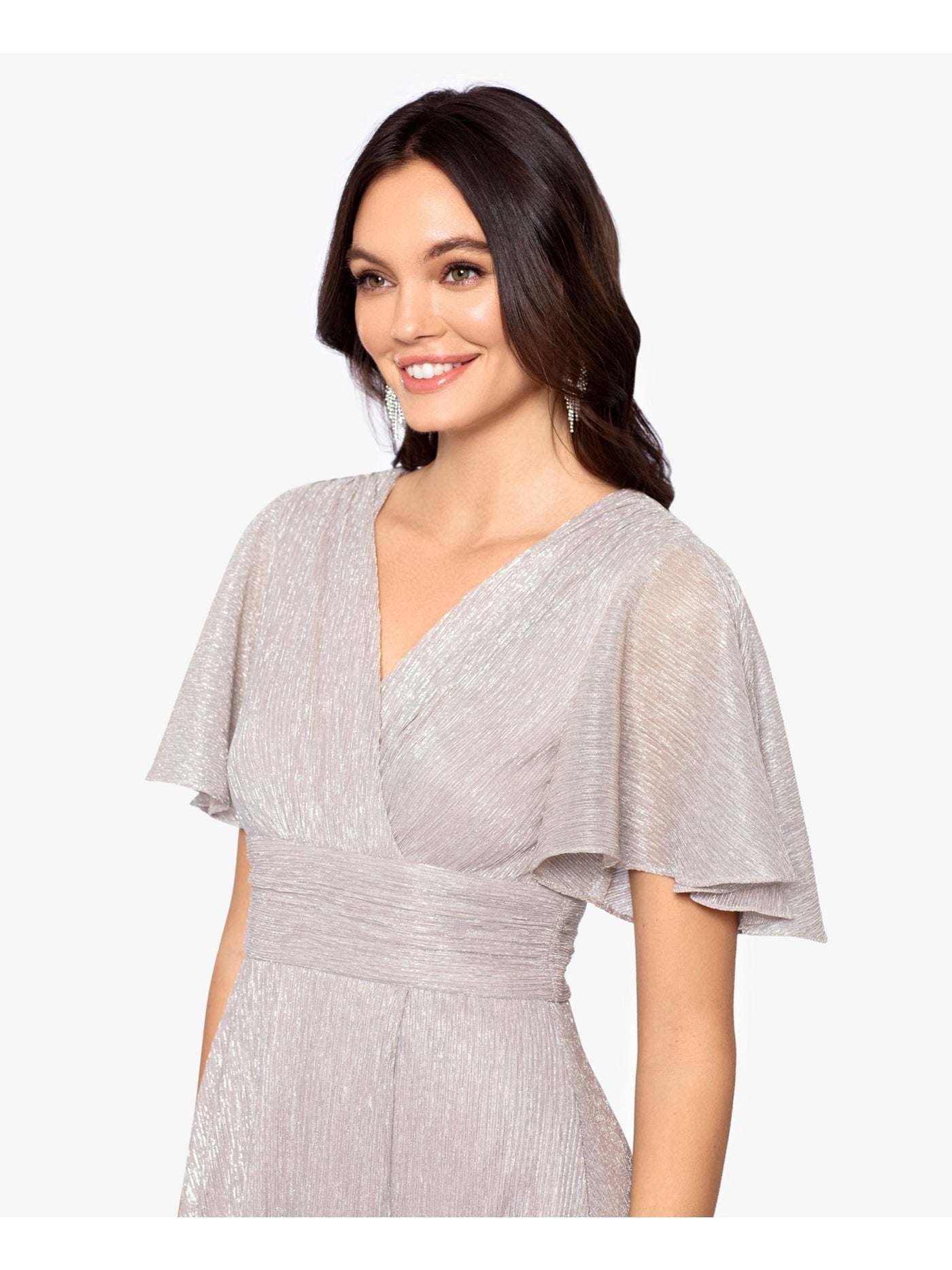 BETSY & ADAM Womens Pink Zippered Slitted Pocketed Lined Banded Waist Flutter Sleeve Surplice Neckline Full-Length Evening Gown Dress Petites 6P