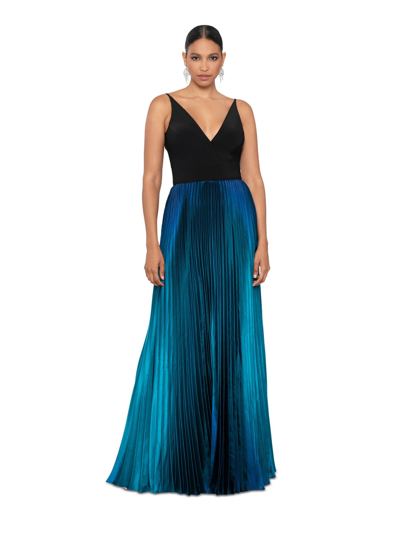 BETSY & ADAM Womens Teal Zippered Pleated Skirt Padded Cups Sleeveless V Neck Full-Length Evening Gown Dress Petites 2P