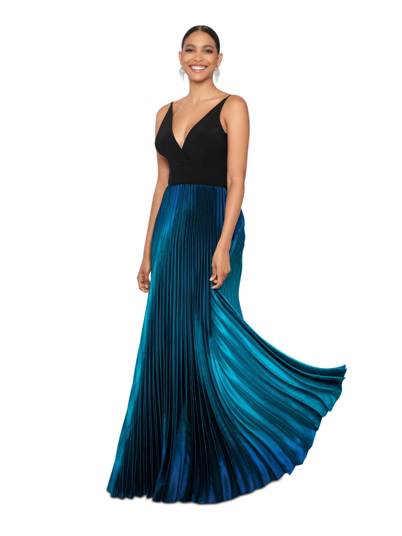 BETSY & ADAM Womens Teal Zippered Pleated Skirt Padded Cups Sleeveless V Neck Full-Length Evening Gown Dress Petites 2P