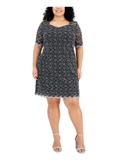 CONNECTED APPAREL Womens Black Lined Metallic Lace Pull-over Elbow Sleeve Sweetheart Neckline Above The Knee Cocktail Sheath Dress Plus 22W