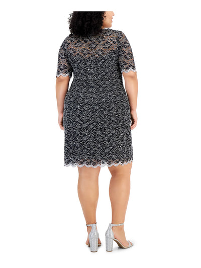 CONNECTED APPAREL Womens Black Lined Metallic Lace Pull-over Elbow Sleeve Sweetheart Neckline Above The Knee Cocktail Sheath Dress Plus 22W