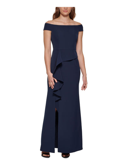 VINCE CAMUTO Womens Navy Zippered Slitted Draped Front Lined Short Sleeve Off Shoulder Full-Length Formal Gown Dress 14