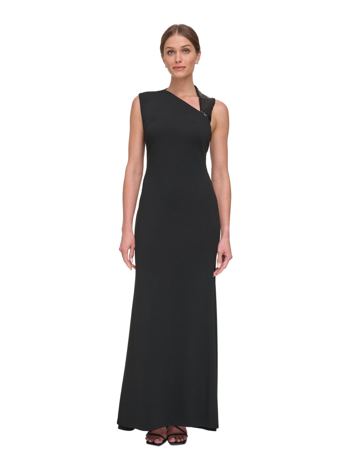 DKNY Womens Black Zippered Lined Strappy Cut Out Back Sleeveless Asymmetrical Neckline Full-Length Evening Gown Dress 16