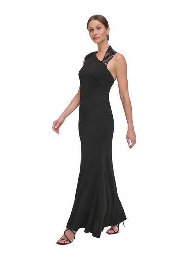 DKNY Womens Black Zippered Lined Strappy Cut Out Back Sleeveless Asymmetrical Neckline Full-Length Evening Gown Dress 8