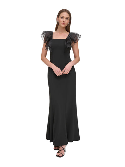 DKNY Womens Black Zippered Tiered Ruffled Organza Sleeves Square Neck Maxi Evening Gown Dress 10