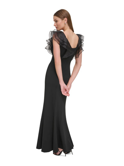 DKNY Womens Black Zippered Tiered Ruffled Organza Sleeves Square Neck Maxi Evening Gown Dress 10