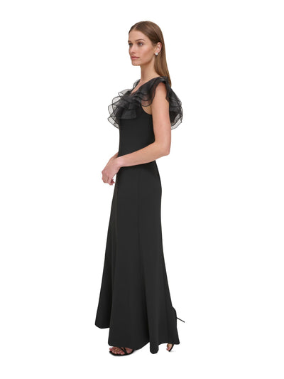 DKNY Womens Black Zippered Tiered Ruffled Organza Sleeves Square Neck Maxi Evening Gown Dress 10