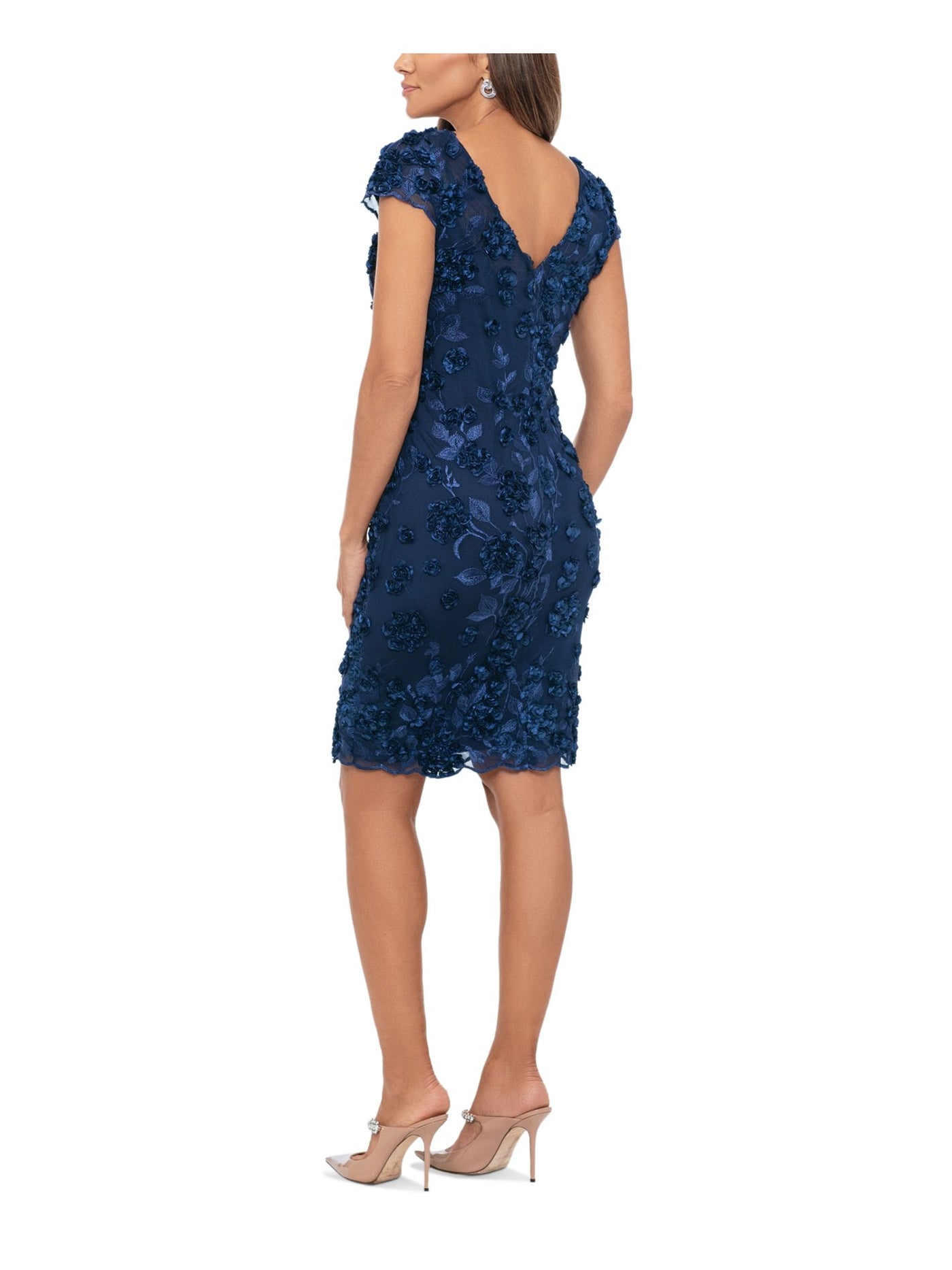 XSCAPE Womens Navy Embroidered Zippered Tailored Fit Lined Cap Sleeve Boat Neck Above The Knee Party Sheath Dress 8