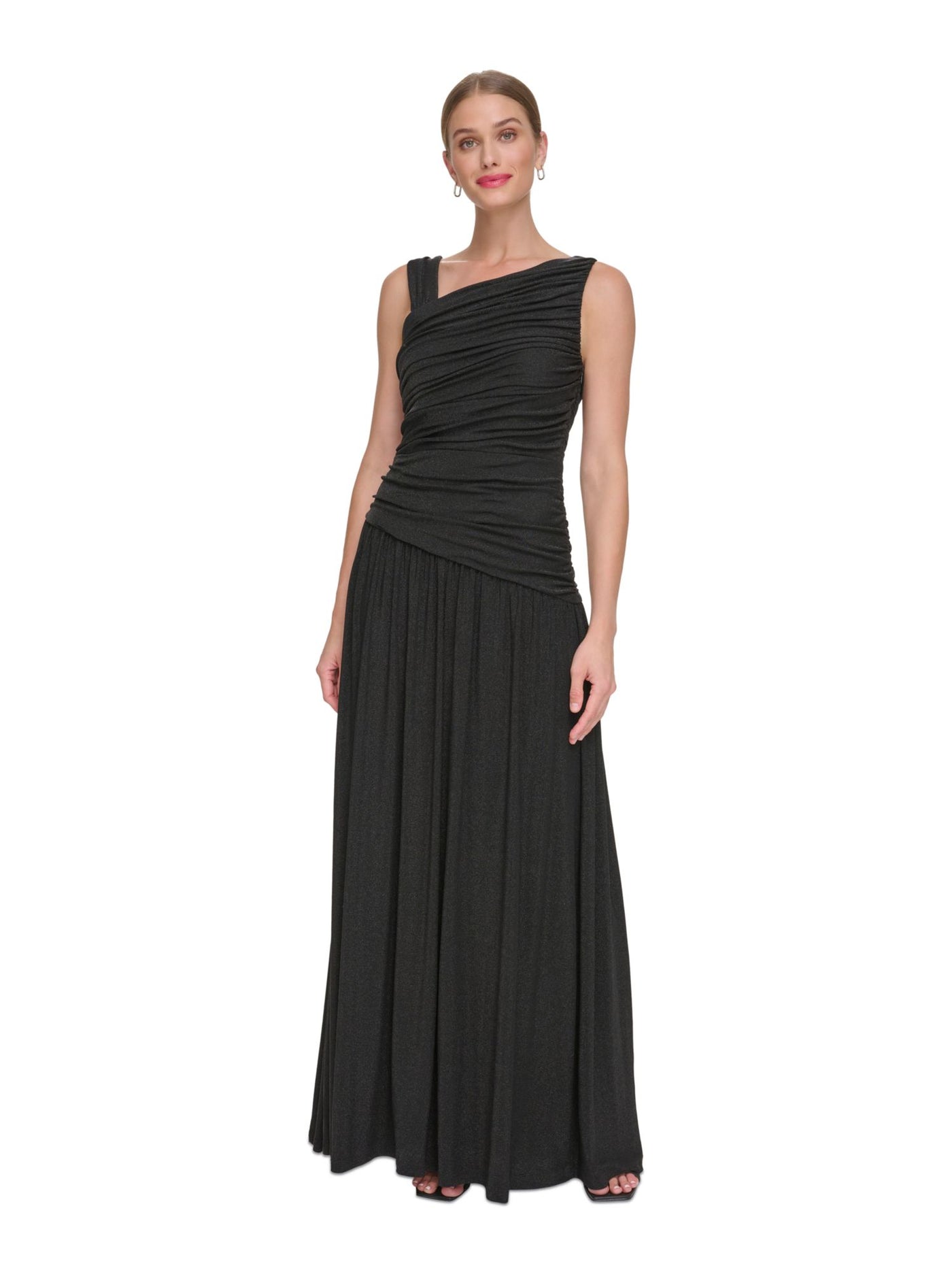 DKNY Womens Black Ruched Zippered Lined Sleeveless Asymmetrical Neckline Full-Length Formal Gown Dress 4