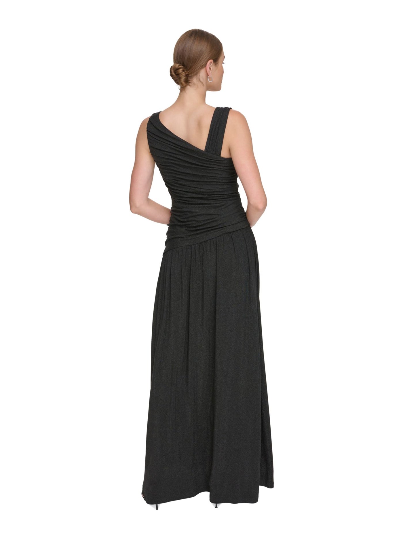 DKNY Womens Black Ruched Zippered Lined Sleeveless Asymmetrical Neckline Full-Length Formal Gown Dress 4