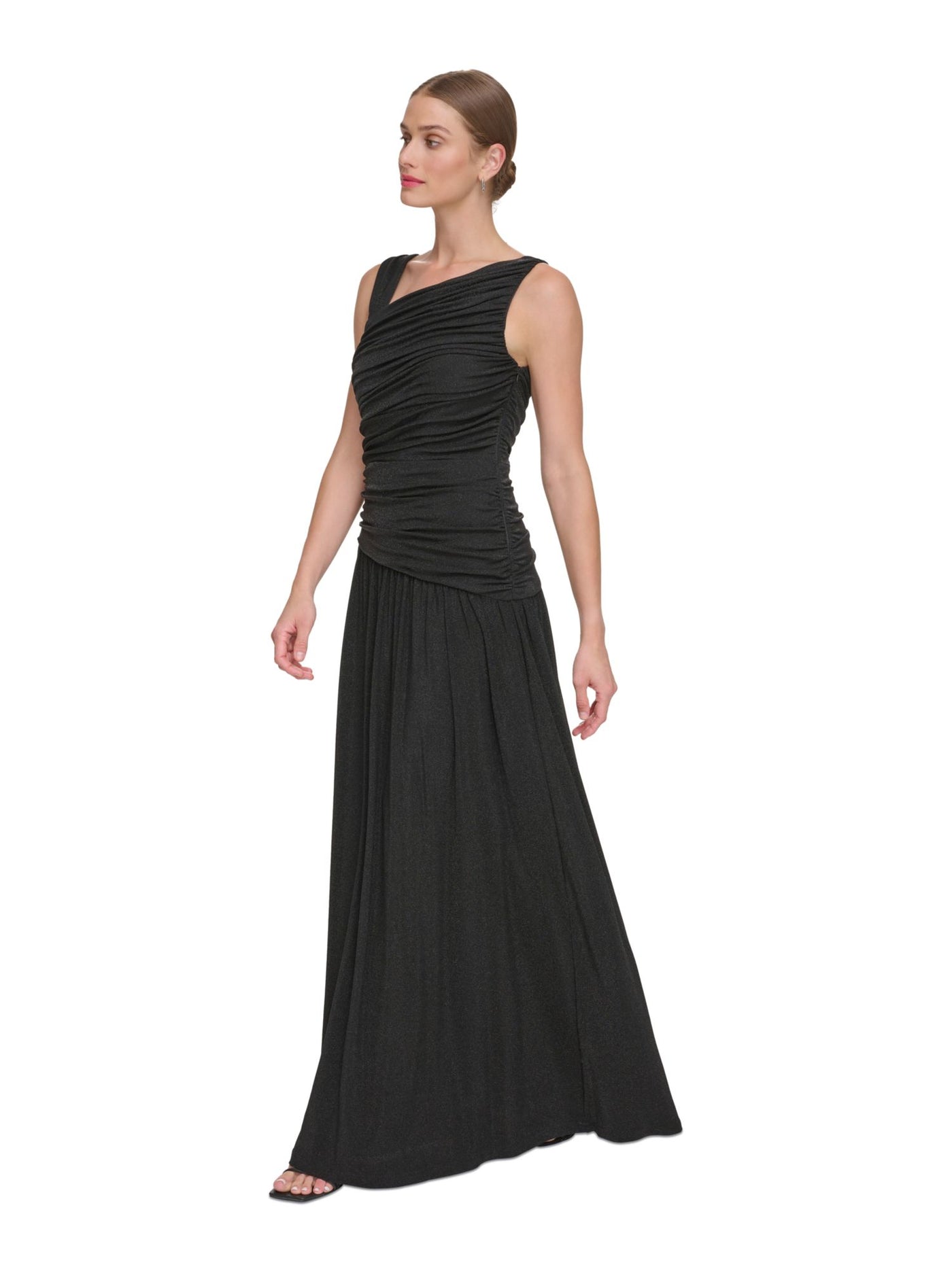 DKNY Womens Black Ruched Zippered Lined Sleeveless Asymmetrical Neckline Full-Length Formal Gown Dress 4