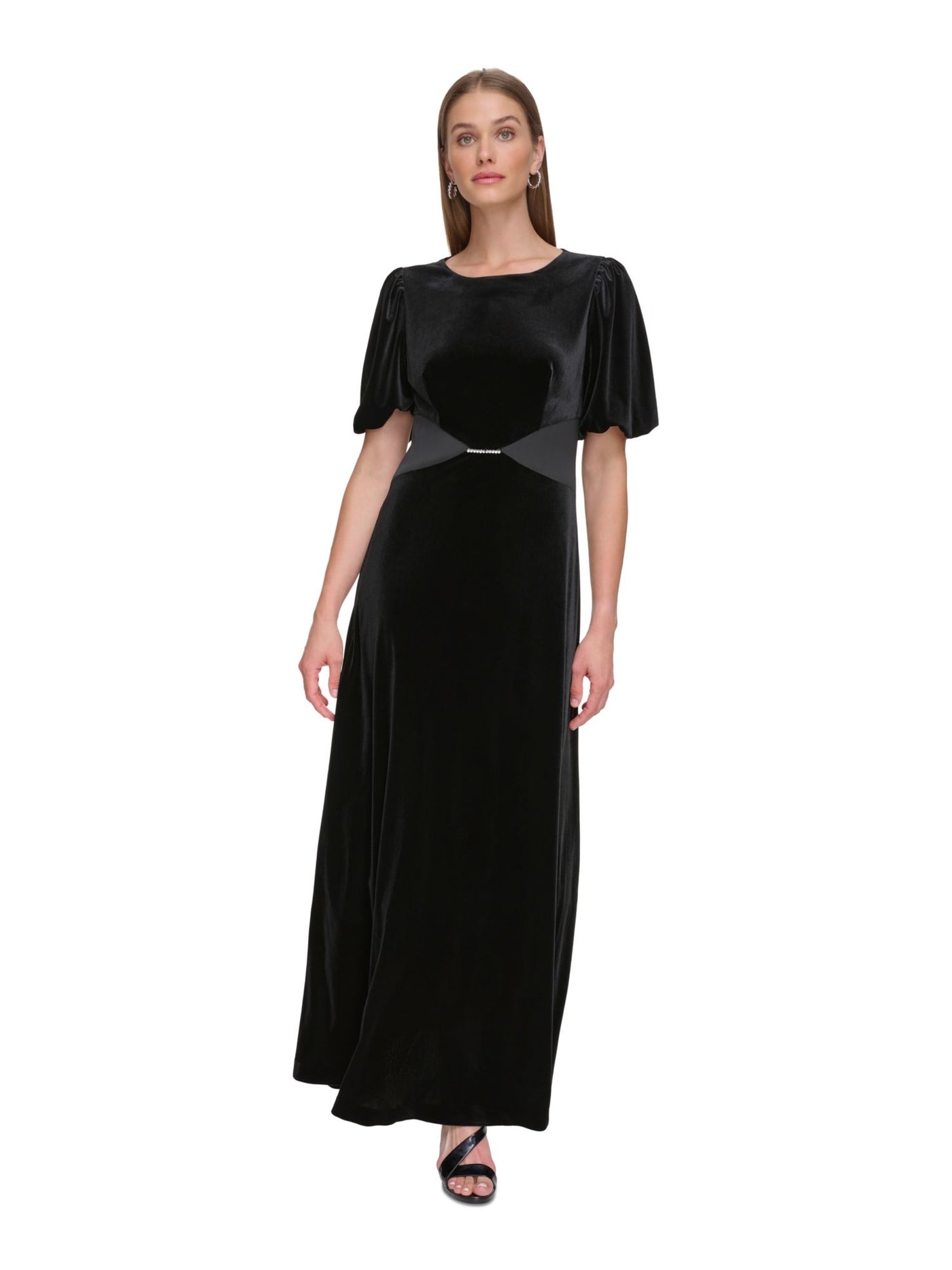 DKNY Womens Black Zippered Embellished Triangle Waist Design Balloon Sleeve Jewel Neck Full-Length Formal Gown Dress 14