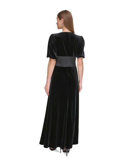 DKNY Womens Black Zippered Embellished Triangle Waist Design Balloon Sleeve Jewel Neck Full-Length Formal Gown Dress 4