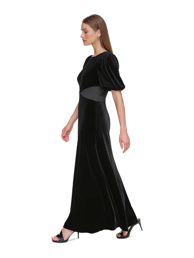 DKNY Womens Black Zippered Embellished Triangle Waist Design Balloon Sleeve Jewel Neck Full-Length Formal Gown Dress 14