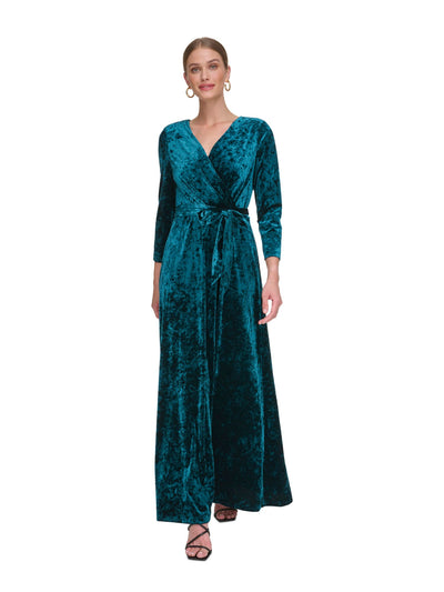 DKNY Womens Green Pleated Zippered Crushed Velvet Tie-belt Lined 3/4 Sleeve Surplice Neckline Full-Length Formal Gown Dress 6